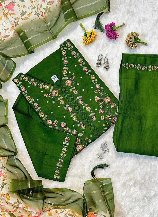 Pure Muslin Green Traditional Wear Hand Work Readymade Kurti Set